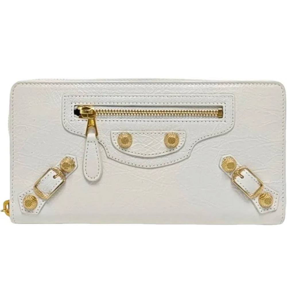Balenciaga Classic Continental White with Gold Hardware Long Zip Wallet